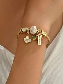 1 pieza Pulsera ajustable con lindo colgante floral, adecuado para uso diario (posición de los rhinestones al azar) - Dorado - Ver 2