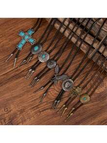 8pcs Unique Bolo Tie, Comfortable Sweater Chain, Turquoise, Korean Wax Line Necklace, Geometric Pattern Feather Pendant Brooch