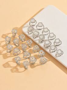 1. 时尚精致的26字母锆石戒指，夏季新款女士首字母开口戒指 - 白色 - 查看 5