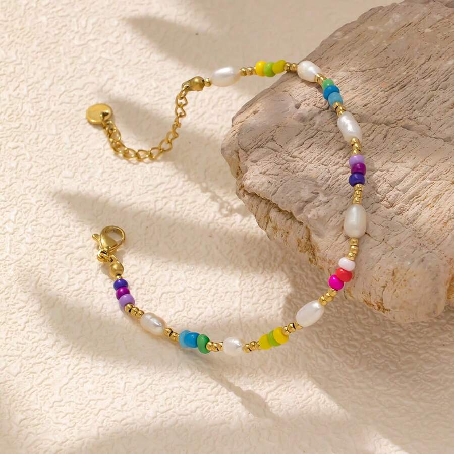 A Colorful Beaded Bracelet In A Leisure And Vacation Style, Made Of Stainless Steel And Adorned With Freshwater Pearls. This Is A Fashionable Handchain For Ladies, Featuring A Bohemian Style. Friendship Bracelet. - Colorful - View 1