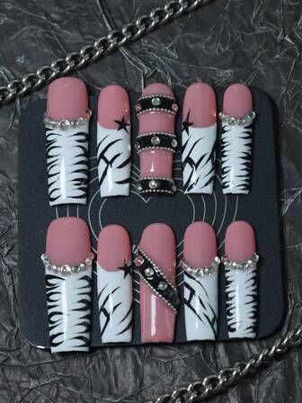 CrystalHola 10pcs Handmade French Coffin Nails, Y2K Style, Pink & White Ombre Nails With Hand-Painted Stripes, Stars, Rhinestones, Dark Gothic Style, Full Coverage Design, Removable & Reusable, Durable, Unique Summer Nail Art, Fashion Accessory For Parties And Weddings