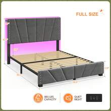 EnHomee Estructura de cama matrimonial/queen/king con cabecero de terciopelo, plataforma con cabecero de almacenaje, estación de carga y luces LED, soporte de listones de madera resistentes, silencioso, fácil montaje, decoración para el Día de la Madre, decoración de habitaciones y decoración del hogar. - Gris - Ver 11