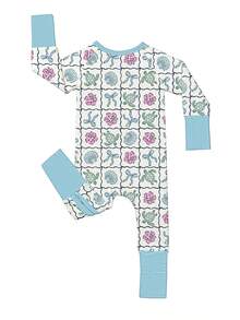 Baby Bamboo Fiber Zip-Up, Sea Turtle Flower Shell Blue Print Romper, All-Season Knit Fabric Skinny Fit With Zipper Detail, Baby Gril Clothes, Perfect For Outdoor - 淺藍色 - 查看 2