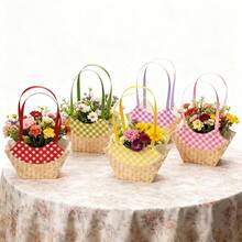 1个 - 仿柳条外观纸质花束盒 - 仿柳条盖和柳条提手 - 优雅便携的DIY礼品包装篮，适用于婚礼、生日、花艺布置 - 彩色 - 查看 3