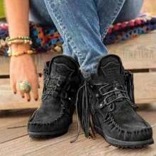 MOYOWEI Women's Vintage Cowboy Fringed Ankle Boots,Lightweight Comfy Suede High Top Round Toe Hippie Moccasin Short BootiesChristmas - màu nâu - Xem 6