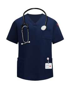 cimmuovere 男士短袖多口袋纯色工作服上衣，护士工作服，牙医保健服，宠物医院，实验室，男士制服，医用制服