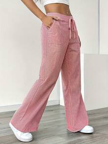 Women's Fashionable Elegant Casual Office Striped Drawstring Pants With Breathable Fabric Suitable For All Seasons - 粉色 - 查看 5