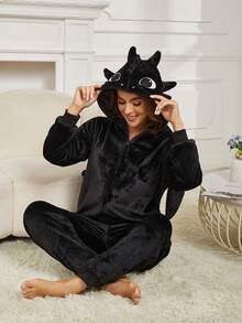 Valentine's Day Dragon Pajamas For Adults, Unisex Animal Cosplay Thermal-Lined Jumpsuit Sleepwear For Fall Winter, Funny Party Costume, Matching Family Christmas Pajamas - Black - View 3