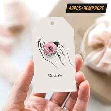 12/24/48pcs Thank You Gift Tags With Jute Twine - Elegant Minimalist Line Art Design, Hands Holding Pink Rose, Multiple Colors Available, Suitable For Birthday, Wedding, School Events, Gifting To Friends, Coworkers, Couples, Family | Floral Gift Tags | Durable Paper Tags, Cute Gift Tags - Multicolor - View 1