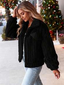 Multi-Color Fluffy Fleece Jacket - Collared, Button-Front, Cozy Warmth, Perfect For Winter Holidays & Daily Wear, Must-Have Fashion Staple - 黑色 - 查看 1
