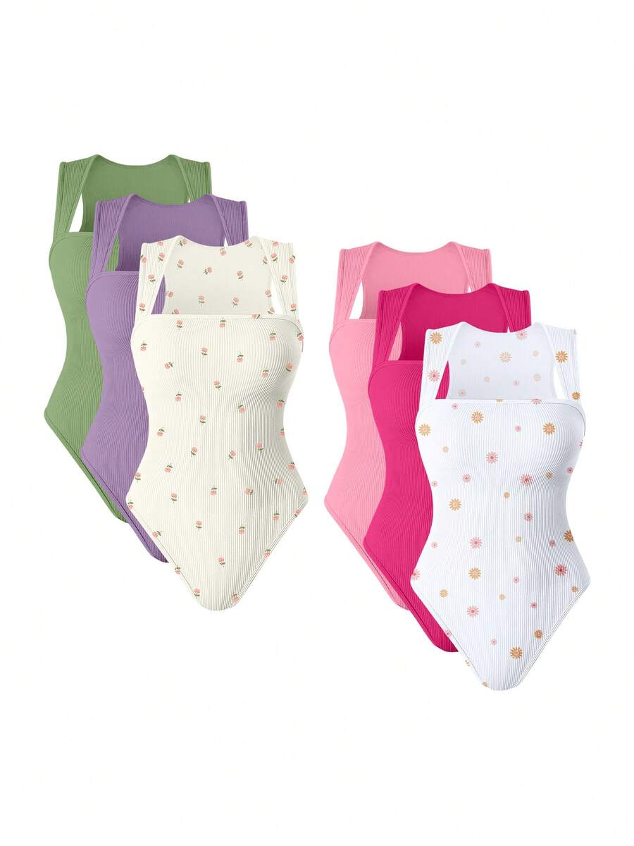 OQQ 3 Piece Bodysuits For Women Sexy Ribbed Strappy Square Neck Stretch Tank Tops Bodysuits - 酪梨綠,香芋紫,玫瑰米,糖果粉,火龍果色,太陽花白 - 查看 1