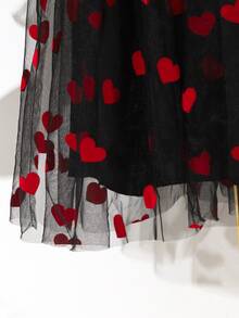 Girls Heart Mesh Overlay Dress, Suitable For Valentine's Day - Black - View 10