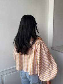 女士优雅春夏橙白格纹露肩灯笼袖衬衫，休闲时尚，适合派对、度假、通勤等场合。 - 黃 - 查看 2