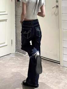 Vintage High Waist Slim Straight Leg Jeans, Loose Design Distressed Dark Blue Ankle Grazing Denim Pants