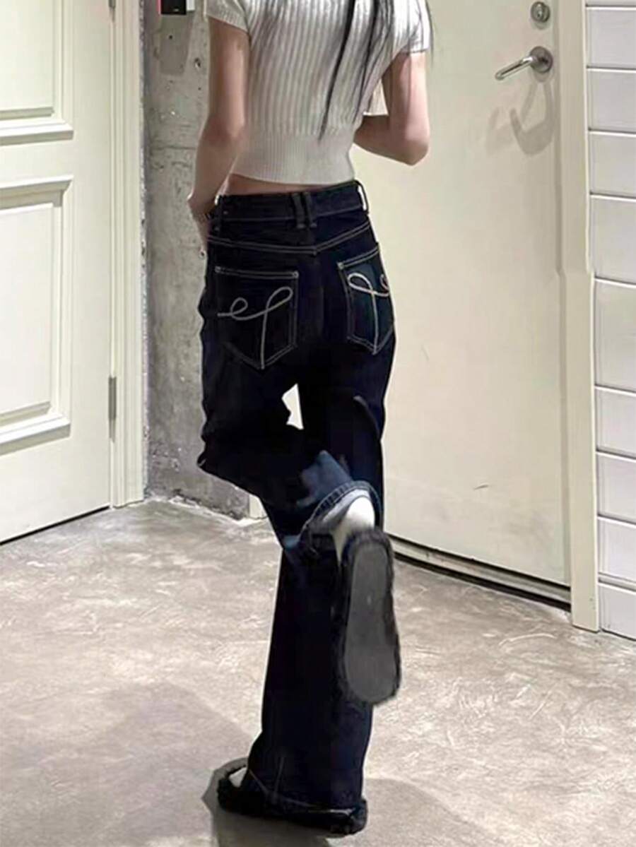 Vintage High Waist Slim Straight Leg Jeans, Loose Design Distressed Dark Blue Ankle Grazing Denim Pants