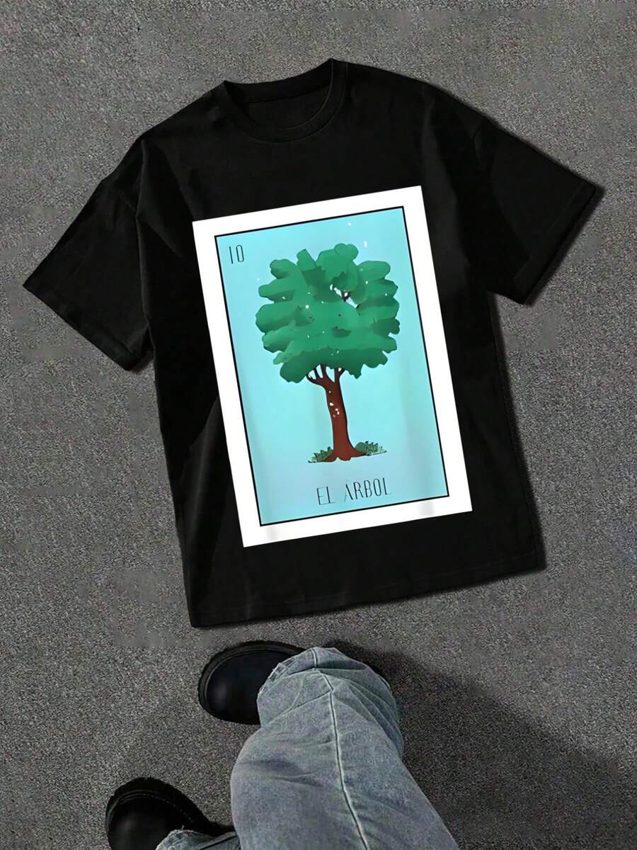 Playera El Arbol Estilo Loteria Mexicana con Diseno Natural,Camiseta casual de cuello redondo estampada para hombre, 100% algodón, regalo para hombre - Negro - Ver 1