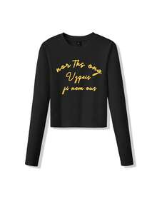 Women's Fitted Short Long Sleeve T-Shirt, Minimalist American Letter Print, Layered With Black Top, Autumn - Black - View 10