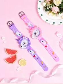 Set de 2 relojes de cuarzo analógicos con correa de silicona suave y diseño de unicornio de dibujos animados para niñas, reloj de pulsera con patrón creativo para estudiantes - Multicolor - Ver 8