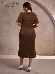 A&A 大码优雅针织镂空收腰美人鱼连衣裙，秋季连衣裙，返校季连衣裙，适合身材丰满的女性，适合老派富贵人士，也可作为婚礼宾客礼服。 - 棕色 - 查看 5