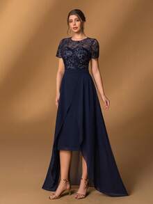 Faeriesty Mosy 女士刺绣短袖亮片撞色雪纺正式派对礼服及新娘母亲礼服，适合晚宴、宴会、婚礼及红毯活动 - 藏蓝色 - 查看 7