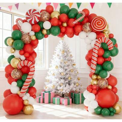 114/98Pcs Christmas Balloon Garland Arch Kit, Xmas Holiday Balloons Red Green White Glod Confetti Balloons With Large Candy Cane Swirl Mylar Foil Balloons, Rich For Christmas Party Decorations