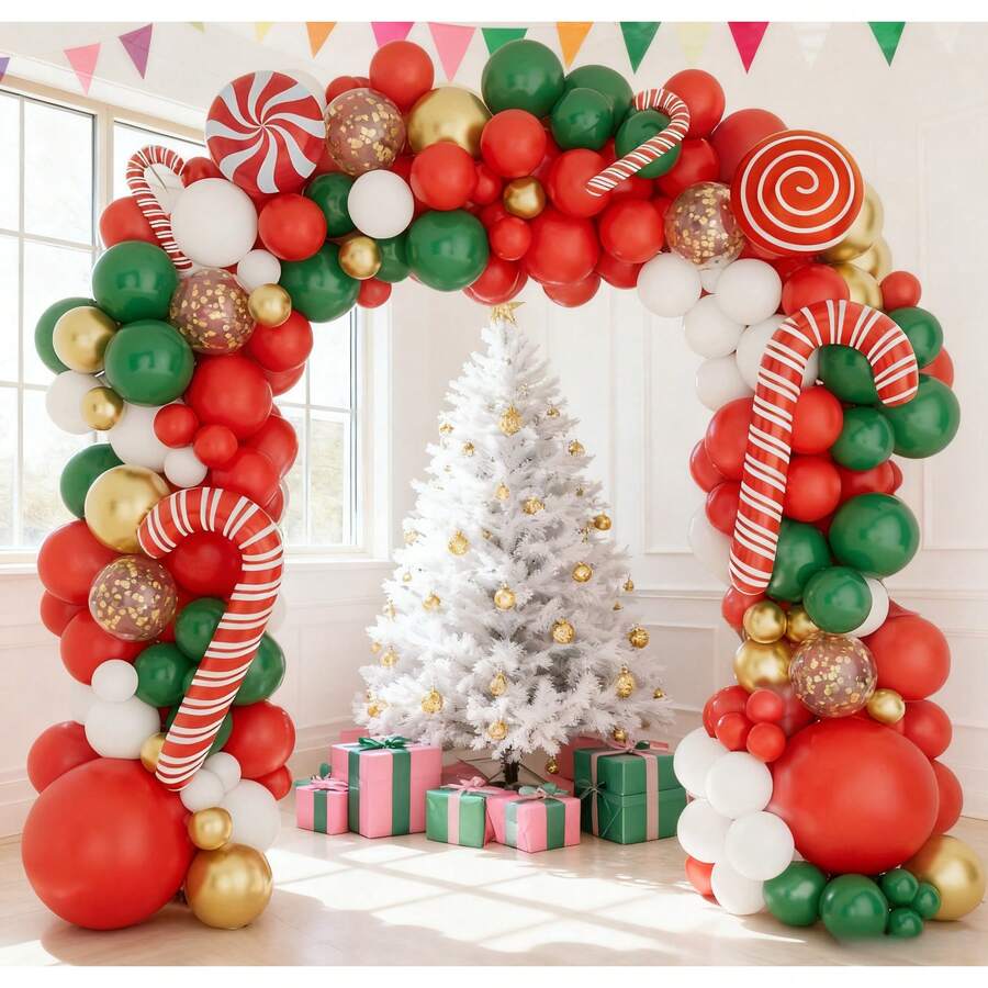 114/98Pcs Christmas Balloon Garland Arch Kit, Xmas Holiday Balloons Red Green White Glod Confetti Balloons With Large Candy Cane Swirl Mylar Foil Balloons, Rich For Christmas Party Decorations