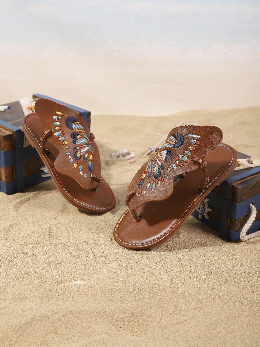 Girls' Fashion Slippers, New Summer Design With Embroidered Butterfly, Stylish, Generous, Lightweight And Flat - Brown - View 1