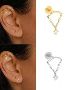 1 chiếc khuyên tai sụn tai bằng thép không gỉ 16G, mặt dây chuyền hình thanh cong đính đá CZ, kiểu dáng chìm, có ren trong, thích hợp đeo hàng ngày. - Một chiếc khuyên tai mặt dây chuyền phẳng - Xem 5