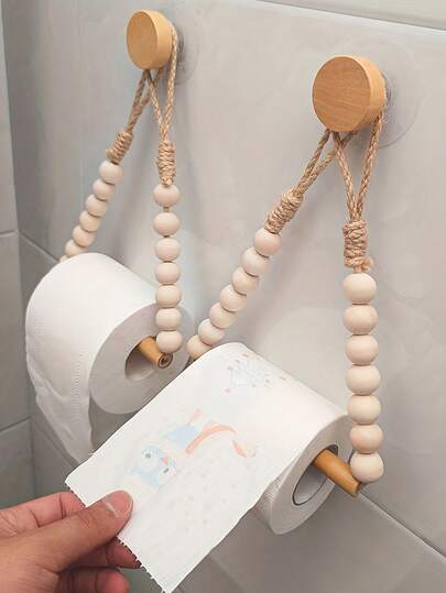 Portarrollos de papel higiénico de cuentas de madera natural, estantería de pared para papel higiénico, toallero, estantería de almacenamiento para baño, decoración de baño, decoración de otoño, de vuelta a la escuela