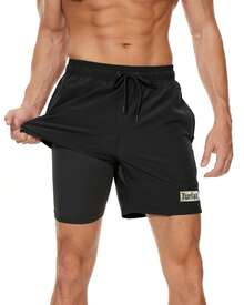 TURLAT 2 In 1 Mens Swim Trunks Quick Dry Beach Board Shorts With Drawstring And Zipper Pockets Comfy Summer - 黑色 - 查看 12