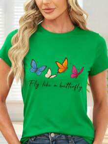 Colorful Butterfly Print T-Shirt For Casual Occasions - Green - View 1
