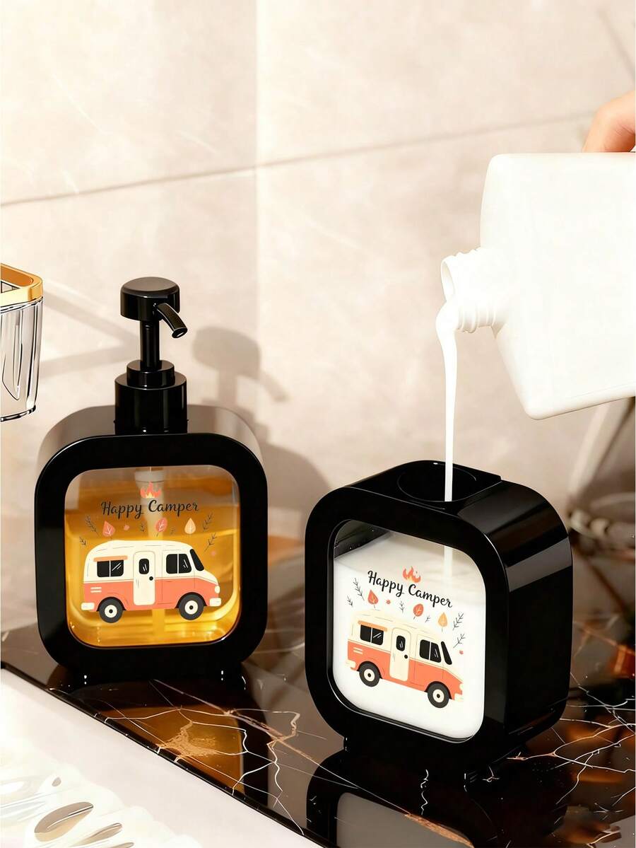 可爱快乐露营者造型免冲洗洗手液瓶 - 复古露营车设计，可重复灌装，适用于浴室和厨房，小巧的台面收纳，非常适合房车、小木屋或家居装饰 - 户外爱好者的理想礼物，房车配件，趣味设计，春季装饰 - 耐用塑料材质，浴室配件，俏皮设计，轻松按压泵头，家居装饰