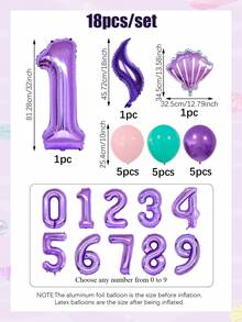 18件套美人鱼主题生日数字气球套装，包含32英寸紫色数字0-9、贝壳气球、粉色/蓝色/紫色乳胶气球，适用于生日派对装饰、美人鱼主题派对、生日派对用品、海底/海洋主题派对、夏季海滩装饰、美人鱼公主生日派对、沐浴主题派对。 - 彩色 - 查看 2