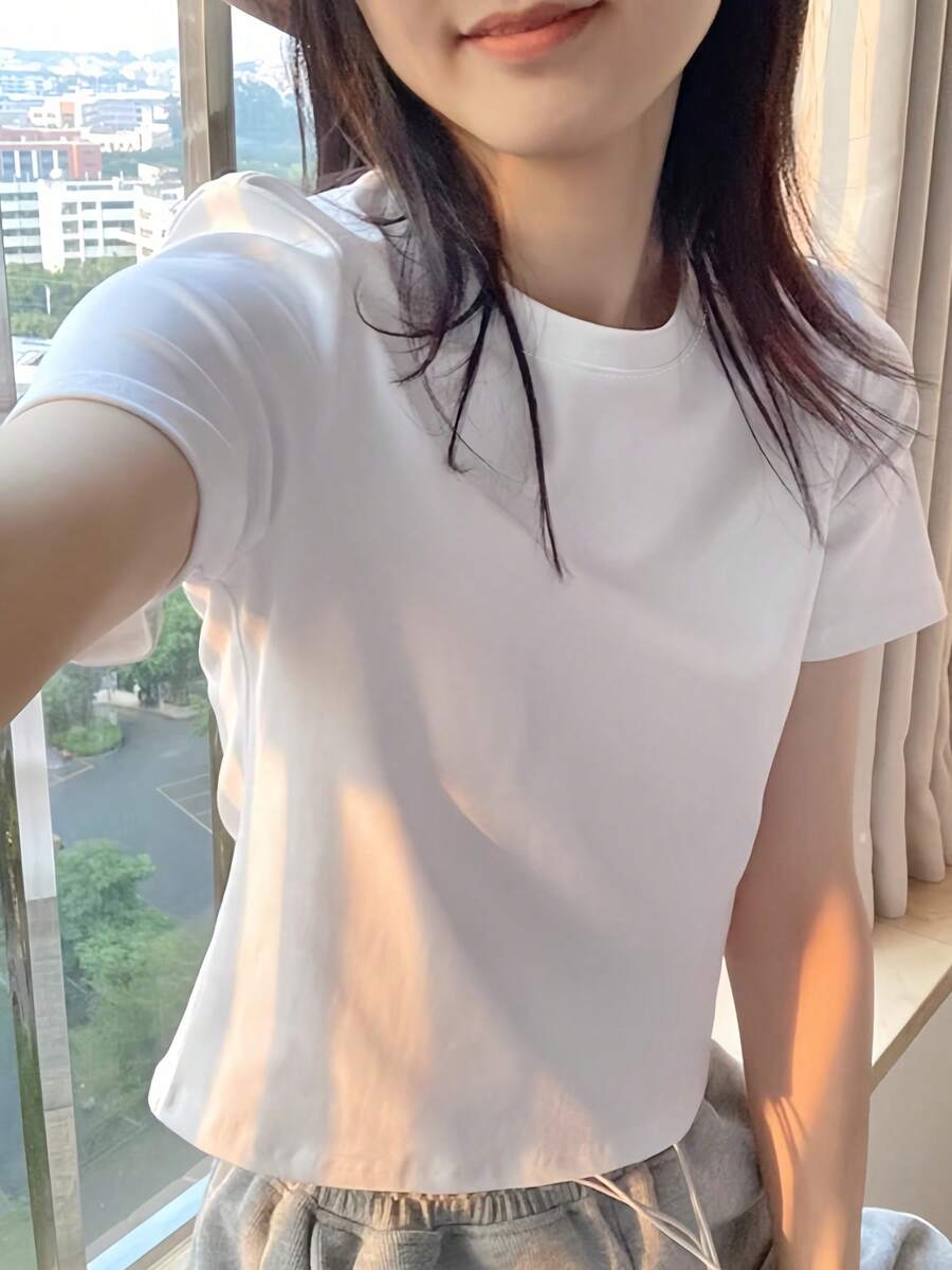 夏季新款修身短款露脐上衣,修身圆领短袖T恤 白色休闲款 - 白色 - 查看 1