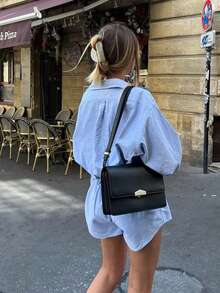 Spring To Summer Minimalist Women's Casual Blue Long Sleeve Woven Jumpsuit, Road Trip Carnival Outfit, Shirt Collar Button Front Short Jumpsuit - Blue - View 2