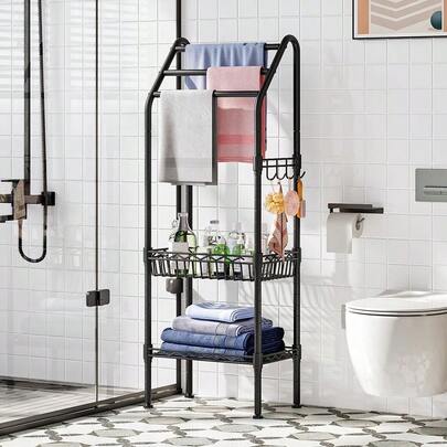 Freestanding 3-Tier Bath Towel Rack,Metal Towel Rail With Storage Basket And Shelf,Adjustable Bathroom Storage Orga...