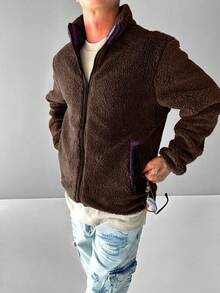 男士 Old Money 立领加厚长袖夹克 - 咖啡棕 - 查看 3