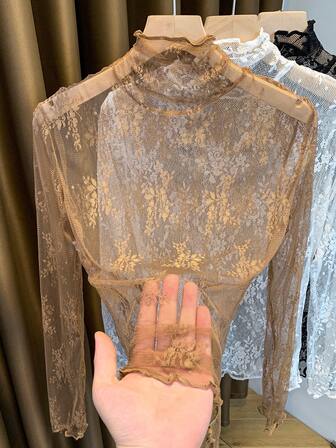 Thin High Collar Lace Camisole, Frill Trim Mesh Undershirt For Women, Spring/Autumn 2024 New Arrival