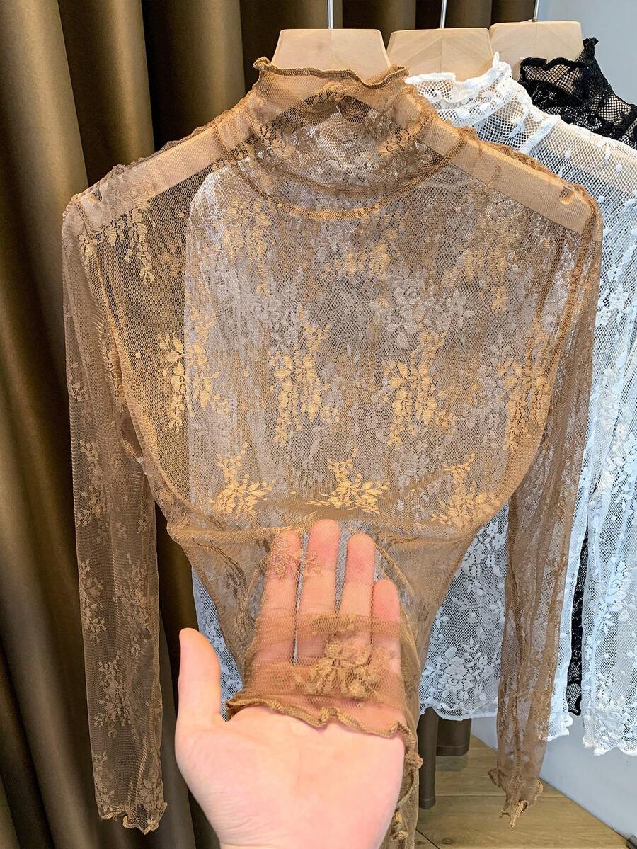 Thin High Collar Lace Camisole, Frill Trim Mesh Undershirt For Women, Spring/Autumn 2024 New Arrival - Coffee Brown - View 1