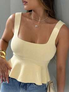 Women's Tank Top With Ruffle, Peplum Style, Modal Knit, Summer Style, Realize Trico, Flared Detail - Bandera Verde - Ver 2