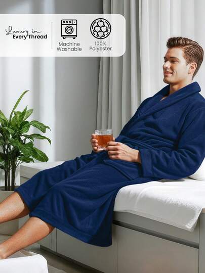 NY Threads Men Fleece Shawl Collar Bathrobe Long Sleeve For Home Wear, Plush Long Lace Up Spa Robe