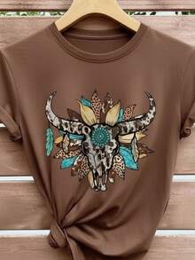 Women's T-Shirt With Cowgirl Sunflower Print, 100% Cotton Premium Knit, Short Sleeve, Round Neck - 鏽棕色 - 查看 2