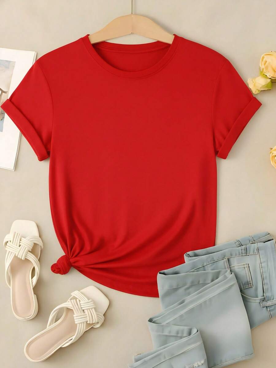 Women's Plain T-Shirt, No Print, Cotton Blouse, Casual, Cute, Premium Knit, Short Sleeve, Round Neck Shirt - 紅色 - 查看 1