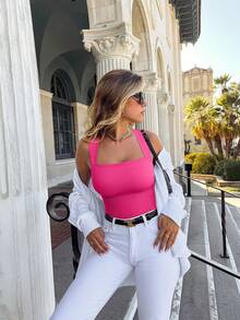 OQQ 3 Piece Bodysuits For Women Sexy Ribbed Strappy Square Neck Stretch Tank Tops Bodysuits - 酪梨綠,香芋紫,玫瑰米,糖果粉,火龍果色,太陽花白 - 查看 3