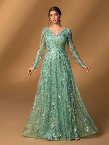 Faeriesty V领长袖A字型新娘母亲礼服 - 优雅花卉刺绣正式晚礼服，廓形优美，适合婚礼、盛大活动、周年庆典、正式晚宴和慈善舞会等场合。新年春季 - 綠色 - 查看 8