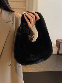 2025 New Plush Small Handbag For Women, High-Quality Versatile Fuzzy Tote Bag, Fashionable Student Shoulder Bag - Black - View 2