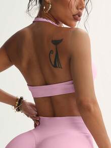 Women's Solid Color Quick Drying Comfortable High Elasticity Bra, Suitable For Yoga, Girls' Gym Exercise, Pilates Exercise, All Season Knitted Camisole Women's Underwear, Giving You The Best Exercise Experience, Women's All Season Sports Underwear - 粉色 - 查看 3