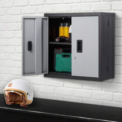 Armario de pared plegable, armario de metal para garaje, armario pequeño de 26" montado en la pared, capacidad de carga de 240 libras, estante ajustable, archivador con puerta magnética para garaje, oficina, hogar, color negro