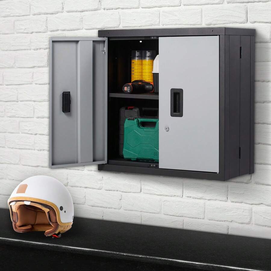 Armario de pared plegable, armario de metal para garaje, armario pequeño de 26" montado en la pared, capacidad de carga de 240 libras, estante ajustable, archivador con puerta magnética para garaje, oficina, hogar, color negro - Negro - Ver 1