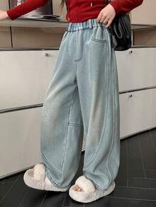 Tween Girls' Elastic Waist Wide Leg Loose Casual Versatile Jeans - Blue - View 4